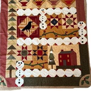 Primitive Christmas Quilt Top Snowman, Stars, Houses  Trees Folk Art